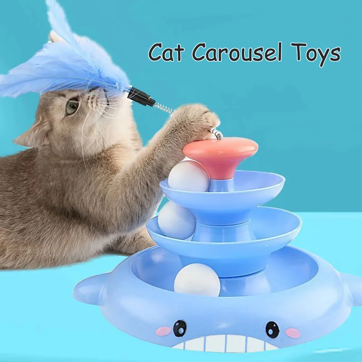 

Interactive Cat Toy with Feather Three-Tier Track Balls Pagoda Shaped Pet Dish Blue Whale Toy Kitten Feather Hunting Toy Gift