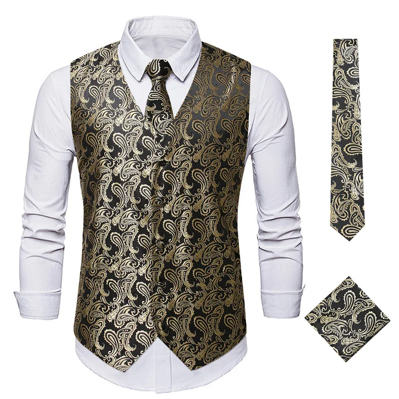 Luxury Gold Floral Jacquard Dress Vest Men 2023 Brand Sleeveless Waistcoat Men Gilet Homme Costume Business Wedding Tuxedo Vests