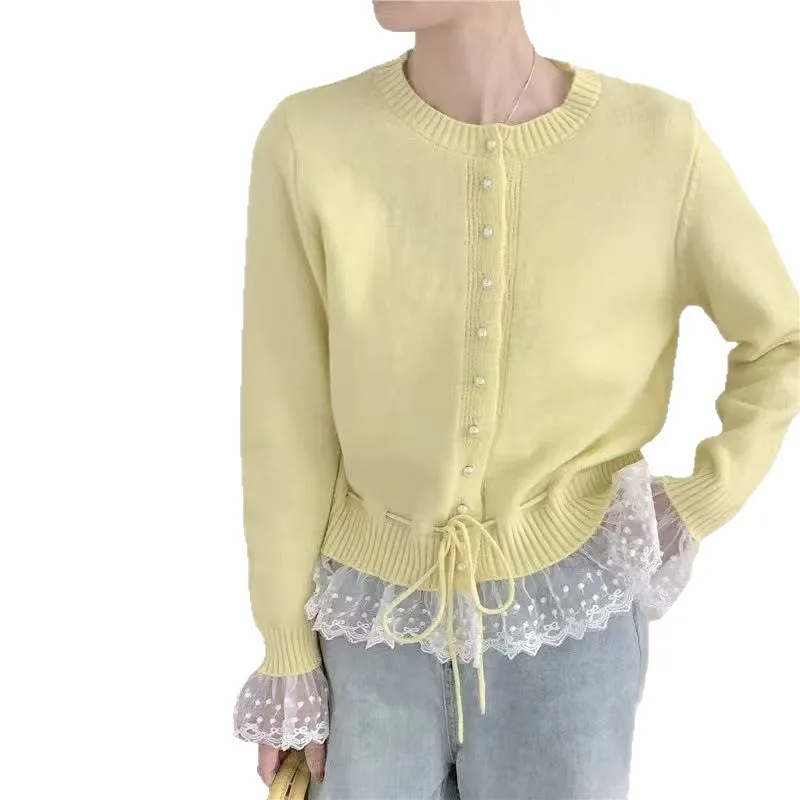 Fall/Winter 2025 New Design Sense Lace Sweater Knitted Cardigan Jacket Women's Casual Style Small Man Cropped Top