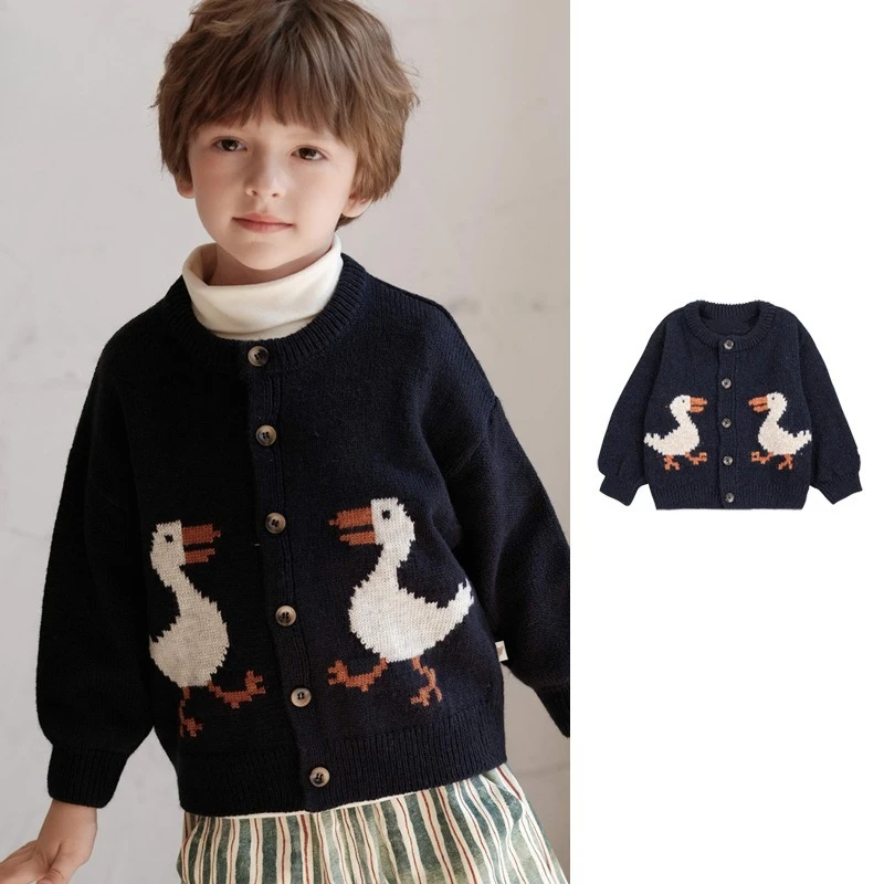 

Детские вязаные топы с милой уткой, осенние и зимние свитера с длинными рукавами и круглым вырезом, пальто для мальчиков и девочек, модный детский кардиган W5287