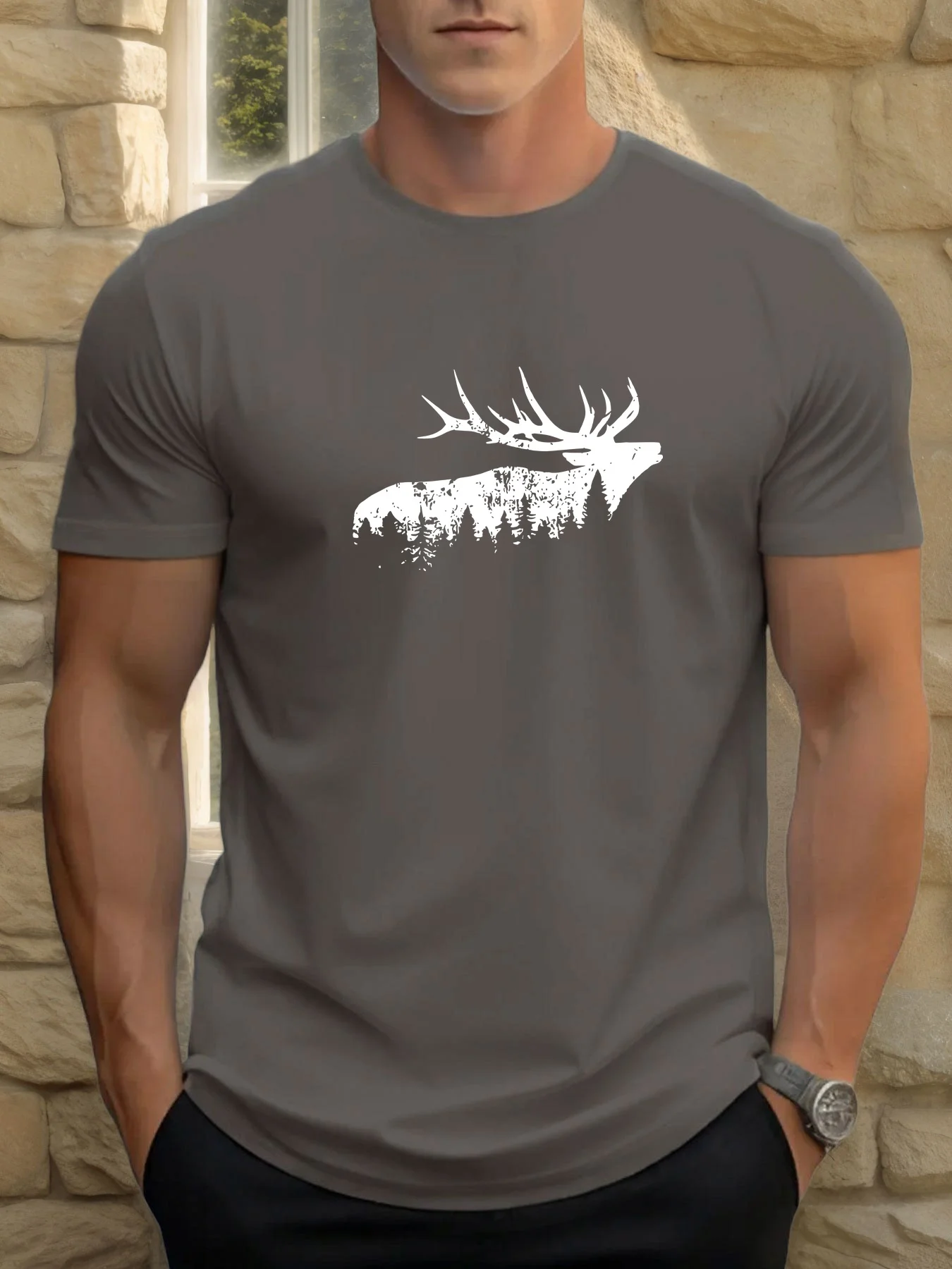 100% Cotton Men's Casual Loose T-Shirt Breathable and Fashionable Reindeer Pattern Printed Short-Sleeved Round Neck Top