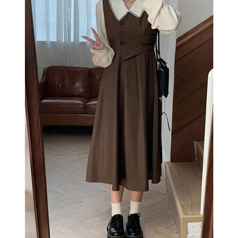 Autumn Vintage Women Dress Sweet Peter Pan Collar Long Sleeve Party A Line Fake Two Pleated Long Dress Vestido Plus Size 5XL