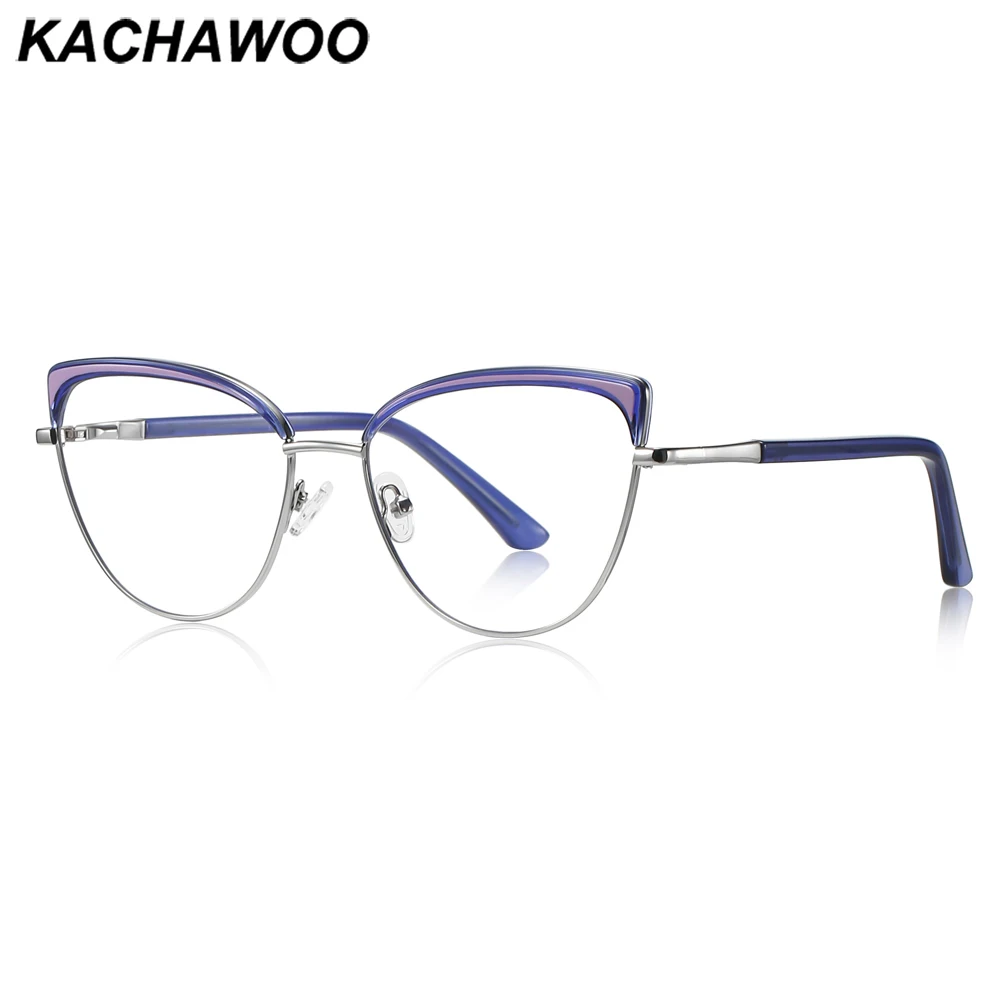 Kachawoo TR90 metal eyeglasses blue light blocking female computer blue silver cat eye glasses frame for women birthday gifts