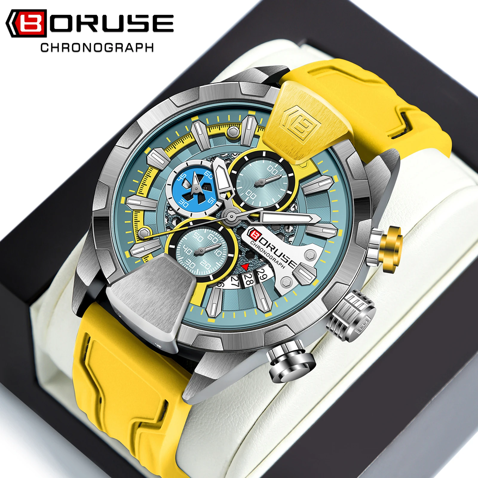 

BORUSE Yellow Watches for Men Business Chronograph Silicone Waterproof Quartz Wristwatch Reloj Hombre