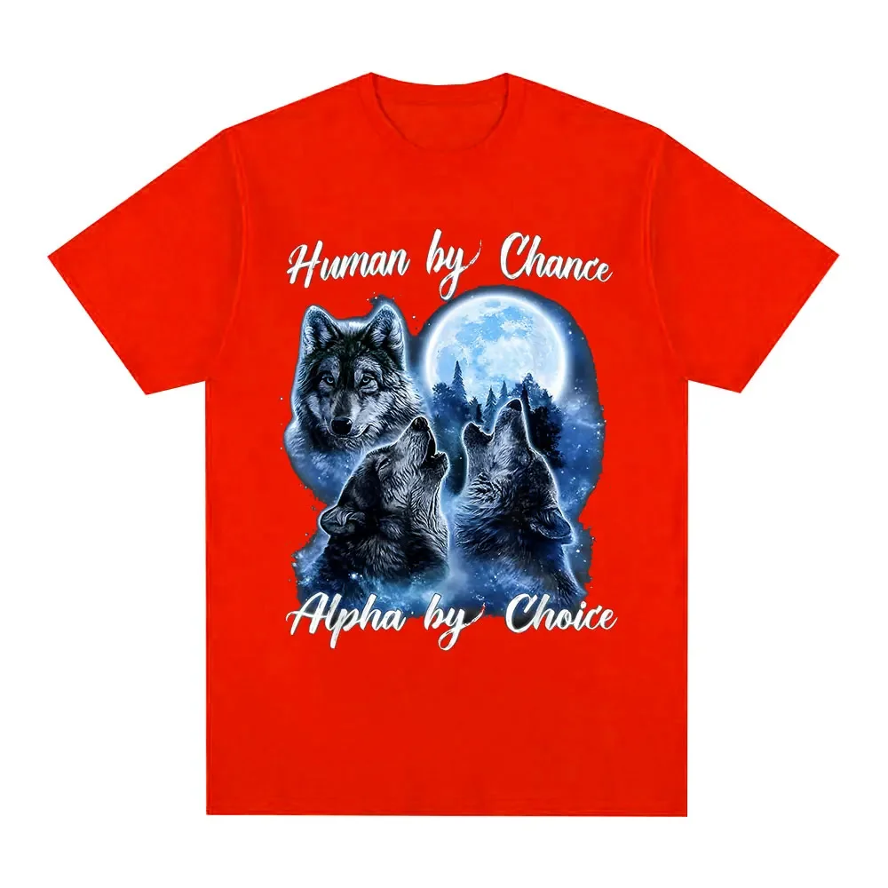 Human By Chance Alpha By Choice Wolf Pattern Tshirt Womens Fashion Hip Hop Retro Short sleeved Tshirt Extra Large T-shirt