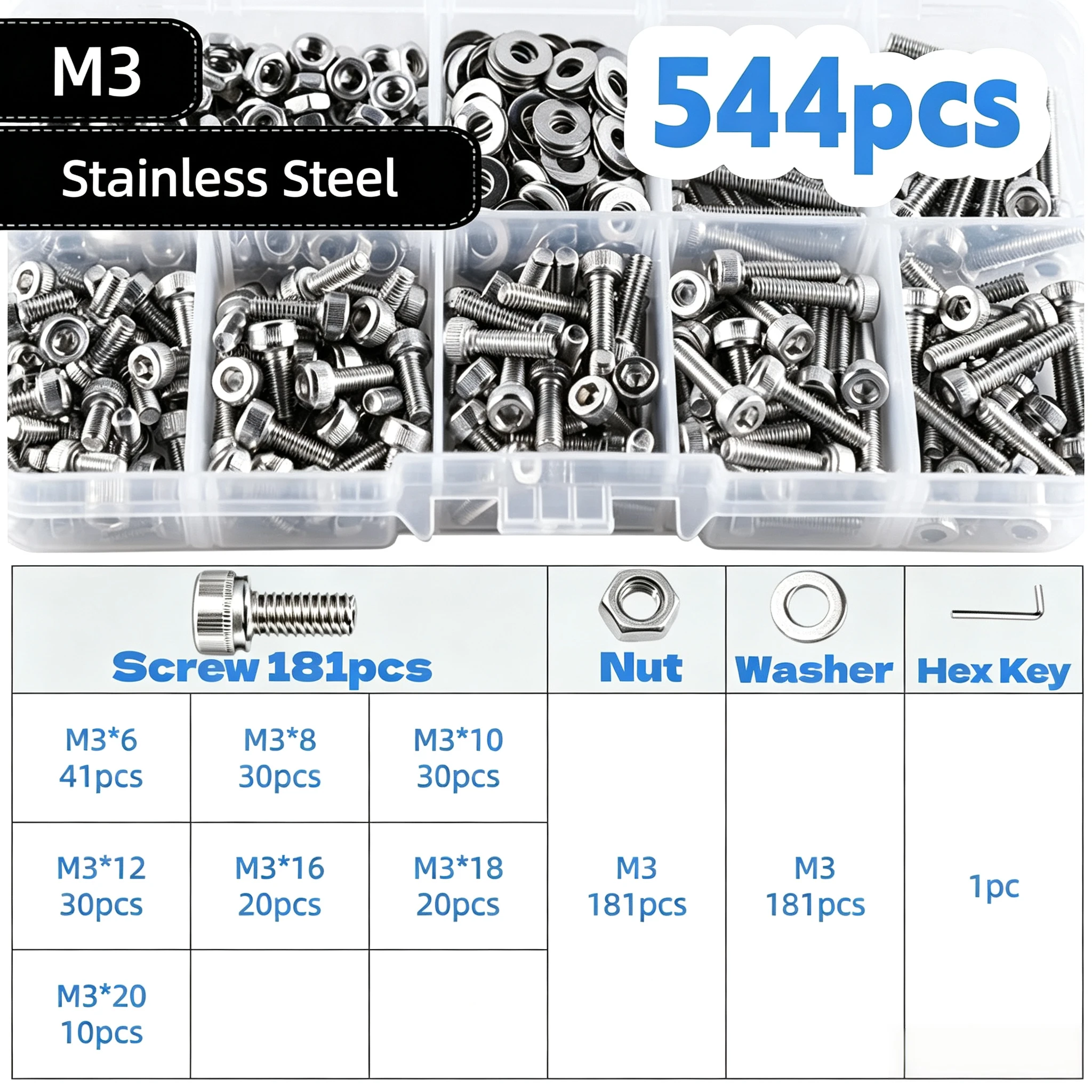 Total 544/388/289/184/109pcs M3 M4 M5 M6 M8 304 Stainless Steel Hexagon Hex Socket Cap Head Screw Bolt Nut Set Assortment Kit
