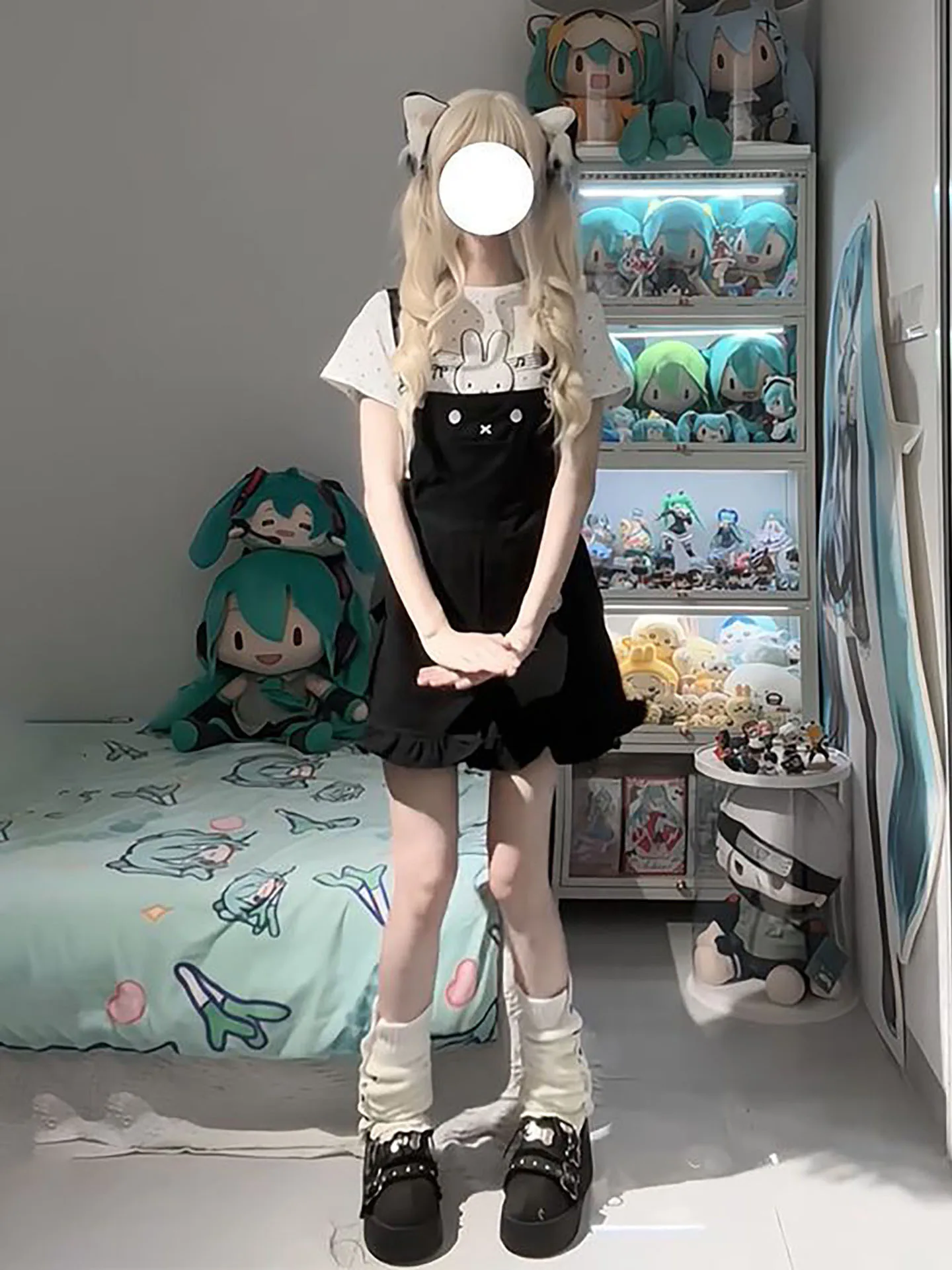 

Cute Rabbit Short Sleeve T-Shirt Black Wood Grain Ruffle Shorts Set Japanese Style Soft Girl Wind Summer Fashion Outfit for W...