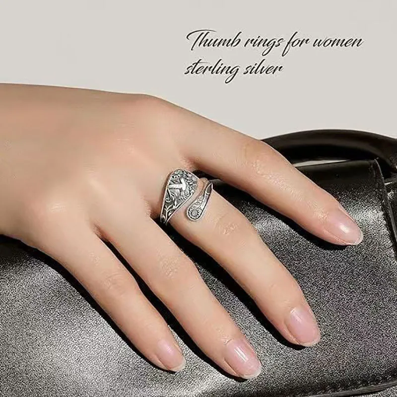 Vintage Bohemian Women's Spoon Ring, Engraved Sunflower and Hummingbird Pattern, Antique Silver Elegant Ethnic Jewelry