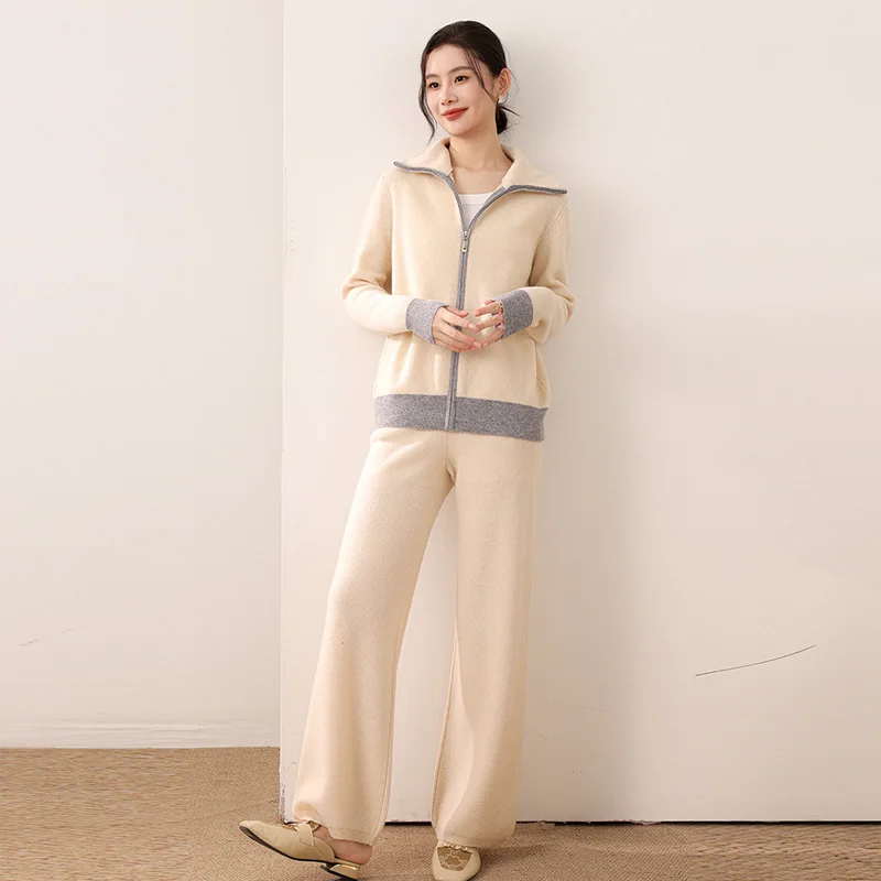 2025 Autumn Women Casual Blazer Cardigan Sweater Pants Set Long Sleeve Zipper Blazer + Wide Leg Trousers Lady Office Outfit Suit