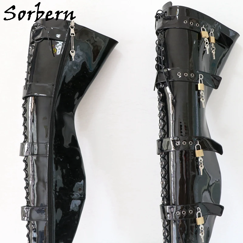 Sorbern Sexy Ballet Boots Women Lockable Zipper Crotch High Metal Heel Platform Long Boot Lace Up Fetish Drag Queen Shoe Custom