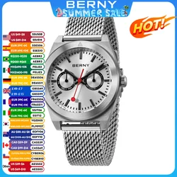 BERNY Track Men Watch Stainless Steel Panda Eyes Dial Simple Casual Wristwatch Fashion Rotating Bezel Railway-Style Men Watch