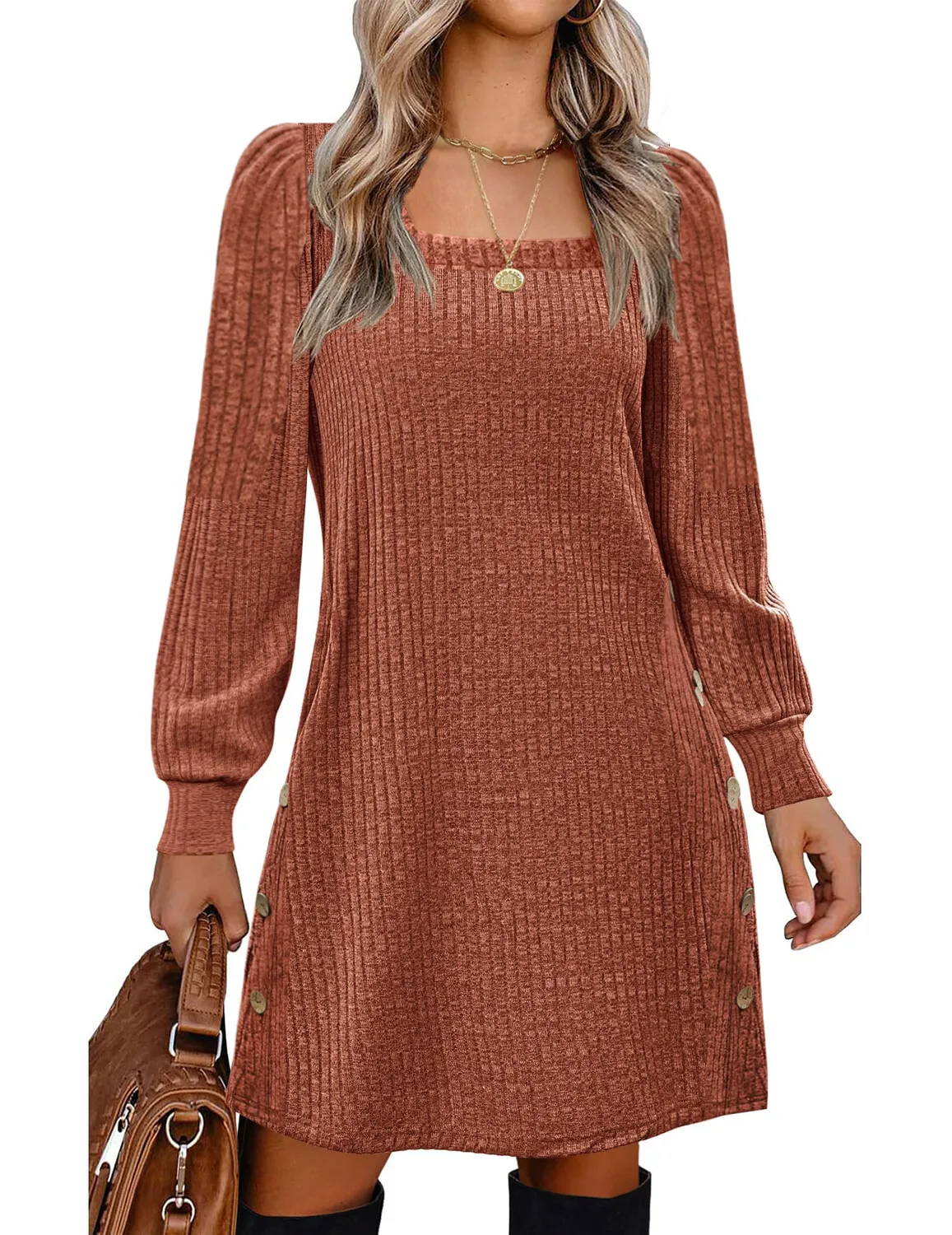 

Autumn Winter Plaid Bubble Sleeve round Neck Midi Dress Women's Fashion Elegant Commute Polyester Fiber Patchwork Dress