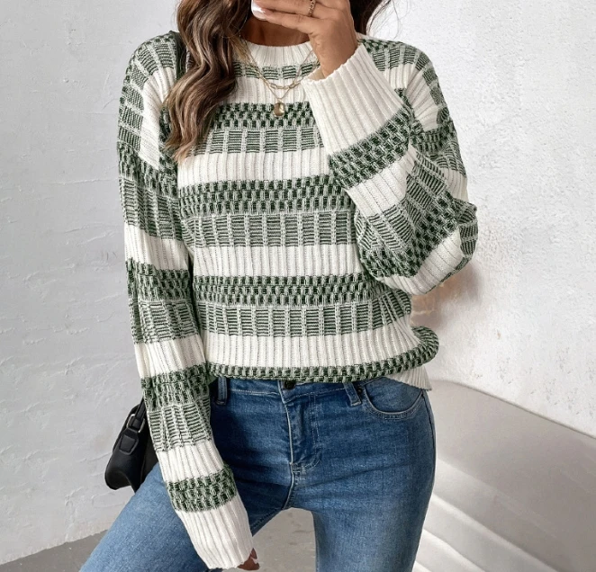 Fashion Casual Striped Contrasting Long Sleeves Sweater for Women Casual Long Sleeve T-Shirt