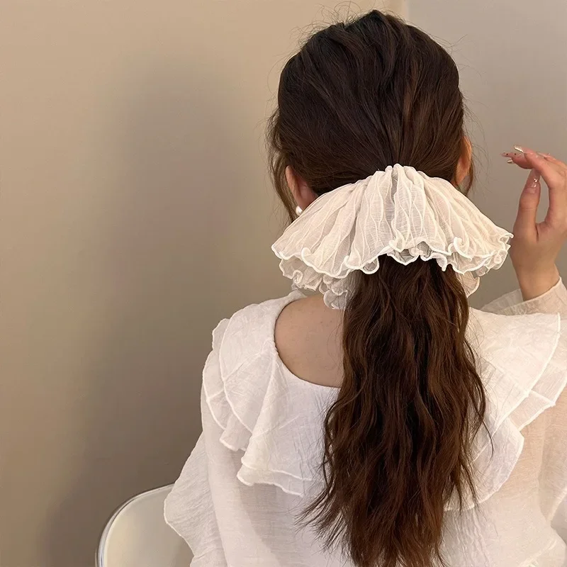 Oversized Ruffled Satin Lace Scrunchie Trendy Design Korean Temperament Women Exaggerated Double-layer Hair Band Headdress 2024