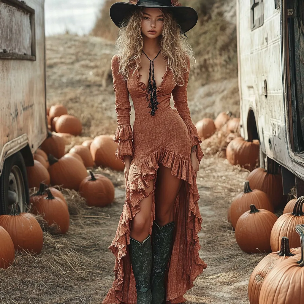 

2025 New Women's Clothing Retro Halloween Sexy Ruffle Edge Solid Color Long-sleeved Long Dress Dress