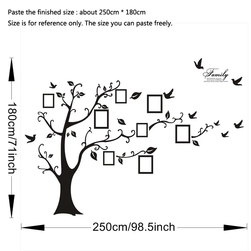 Large 250x180cm Black 3D DIY Photo Tree PVC Wall Decals Family Wall Stickers Home Decor