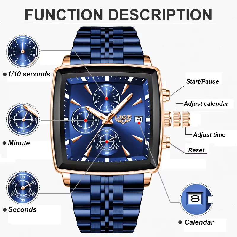 LIGE Luxury Brand Couple Watches Stainless Steel Waterproof Luminous Quartz Watch Fashion Simple Lovers Gifts for Men and Women