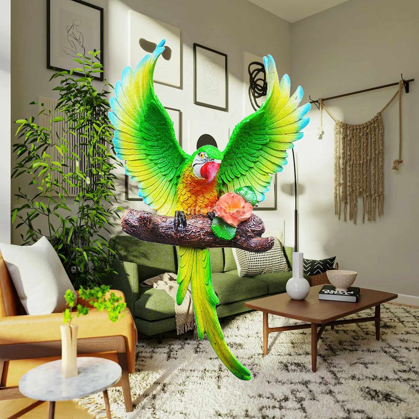 Hand Painted Parrot Statue Sculpture Polyresin Ornament Tropical Animal Parrot Wall Decor for Home Balcony Fence Lawn Kitchen