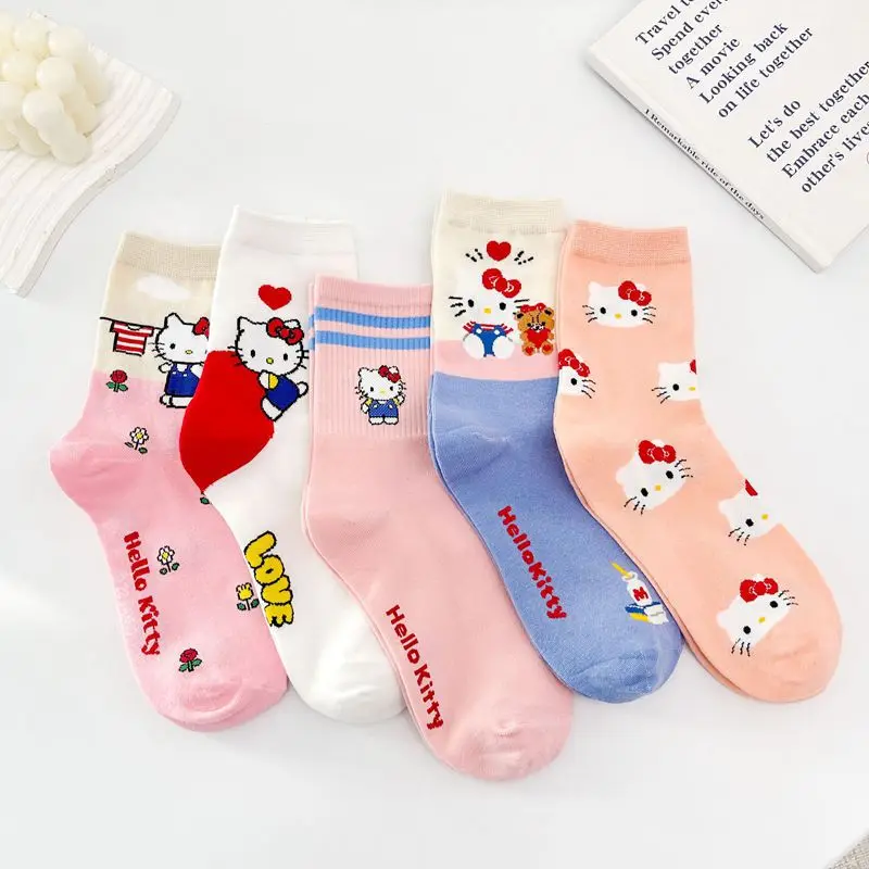 Sanrio Kawaii Anime Cartoon New Pink Plaid Medium Tube Socks Women's Ins Style Versatile Cute Hello Kitty Socks Cotton Wholesale