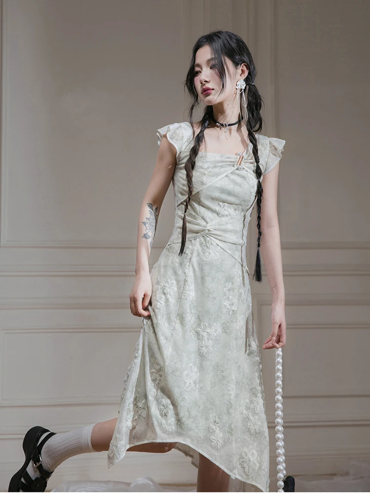 

Elegant Chic Design Dress Women's Summer Gentle Style Square Collar Dress Vintage Fashion Sleeveless High Waist Long Dresses