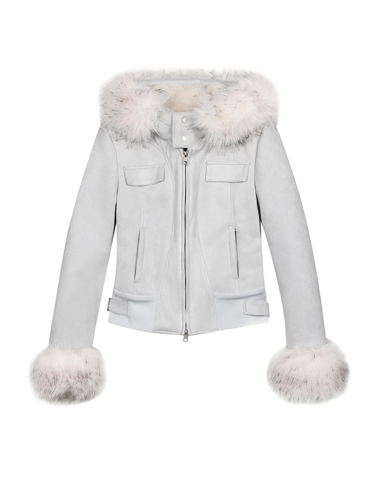 

Blue Fur Collar Spliced Deer Skin Velvet Hooded ort Jaet Women's Autumn Winter Warm Top Korean Sle Long Sve Zipper