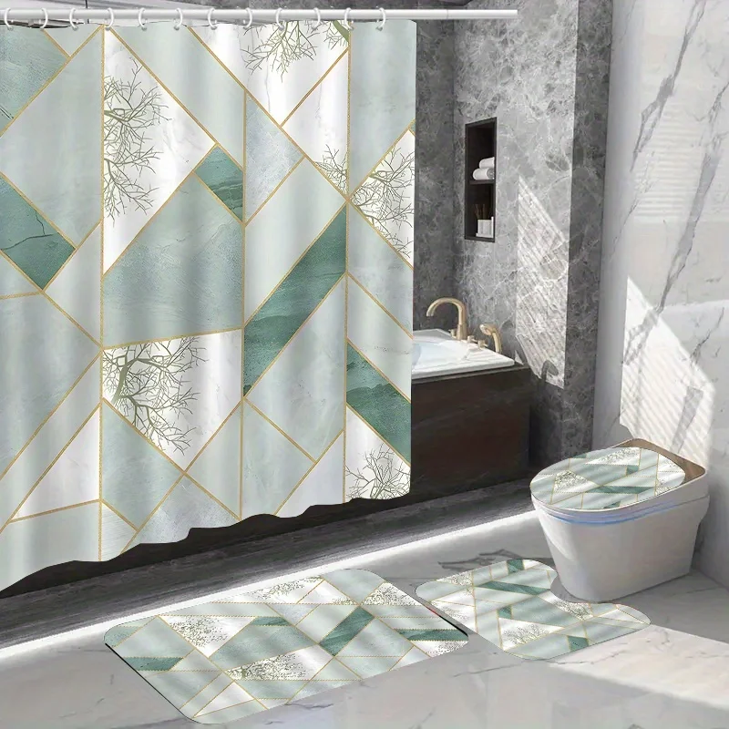 Complete Waterproof Bathroom Set: Shower Curtain with 12 Hooks, Non-Slip Rug, Toilet Lid Cover & Mat - Stylish Polyester Fabric,