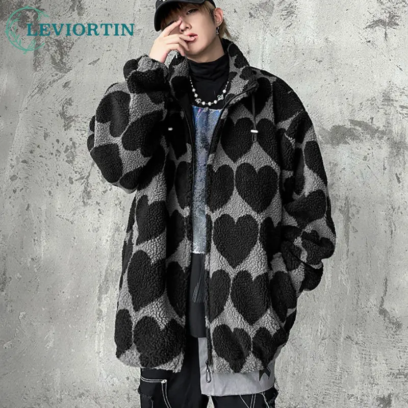 

Winter Lambswool Coat Men Casual Streetwear Grimace Print Parka Hip Hop Grain Fleece Coat Loose College Warm Outwear Unisex New