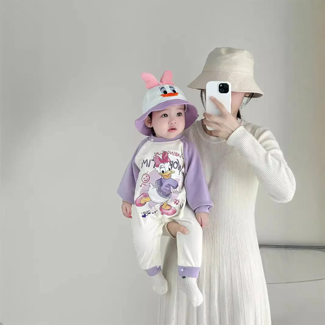 Striped Bodysuit +Knitted Hat Newborn Clothes New Cartoon Print Long Sleeve Jumpsuits Baby Cute Fashion Triangle Pants Rompers