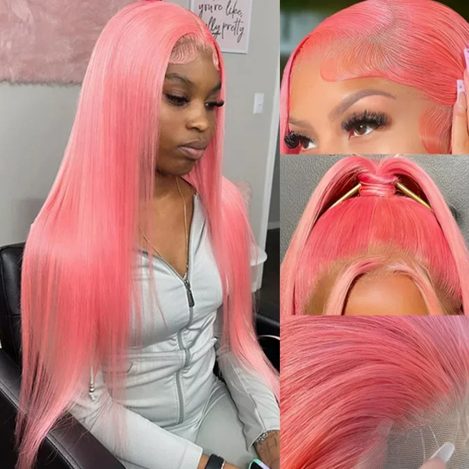 

Pink Colored 13x4 Lace Front Human Hair Wigs For Women 180% Density Straight 13x4 Lace Frontal Wig Pre Plucked Natural Color