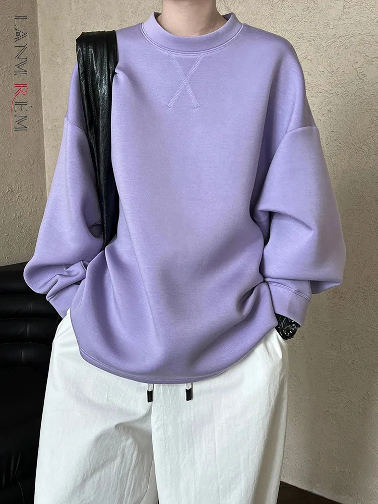 

[LANMREM] Minimalism Casual Loose Sweatshirt For Women Round Neck Long Sleeve Office Lady Tops Fashion 2024 Autumn New 26C306