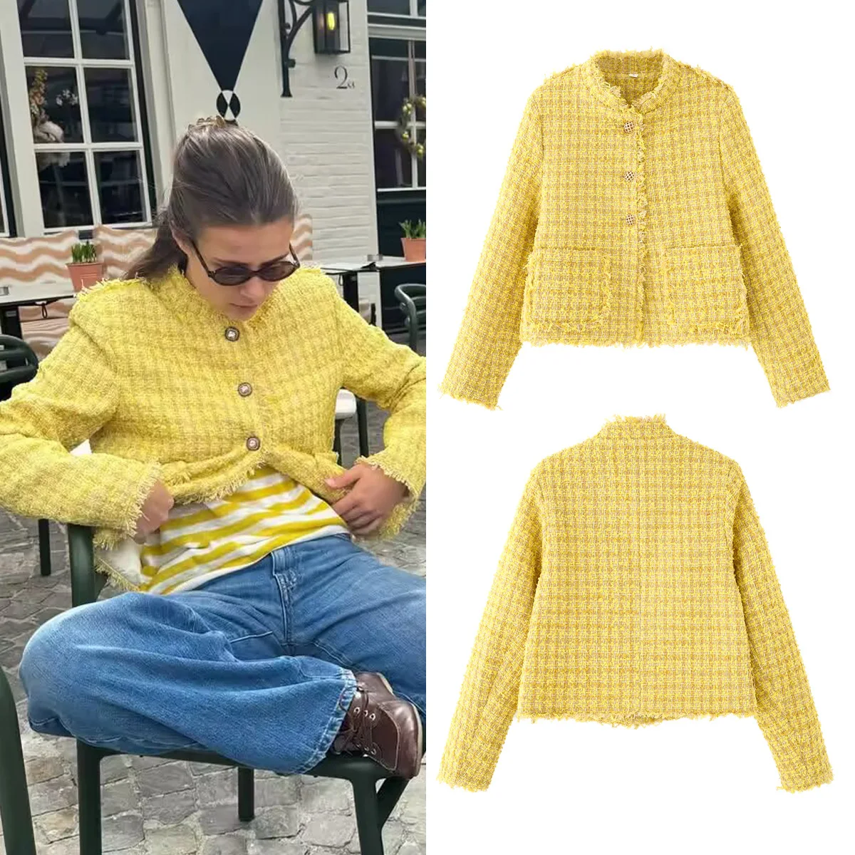 

Yellow Luxury Woven Small Fragrance Jacket Women's Casual Fashion Loose O Neck Long Sleeve High Quality Sweet French Tweed Coat