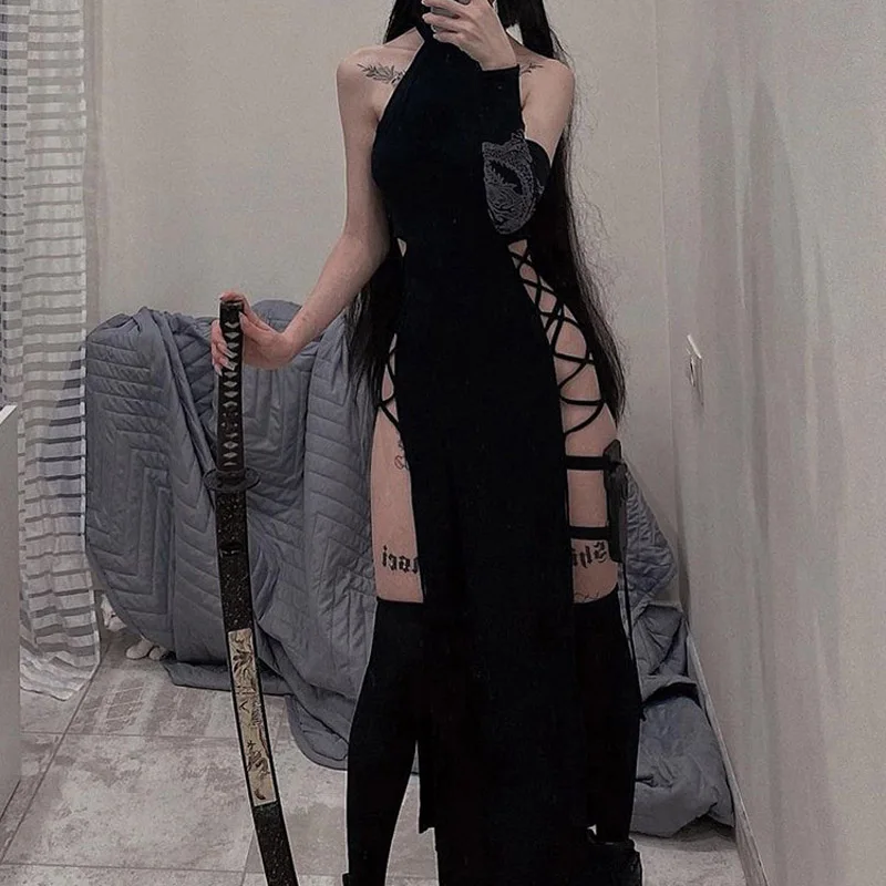 High Split Sexy Bandage Frauen Kleider Y2K Mall Gothic Halter Schlank Midi Kleid Schwarz Grunge Stil Alt party