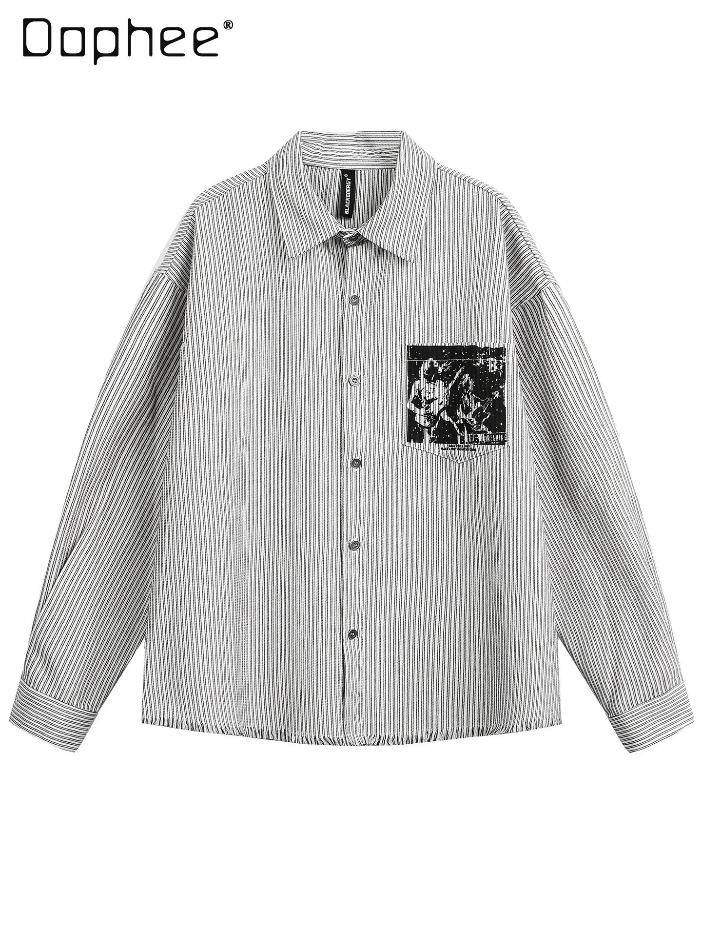 

Spring and Autumn New American Punk Style Character Print Striped Men's Loose Casual Gray Turn-down Collar Long Sleeve Shirt