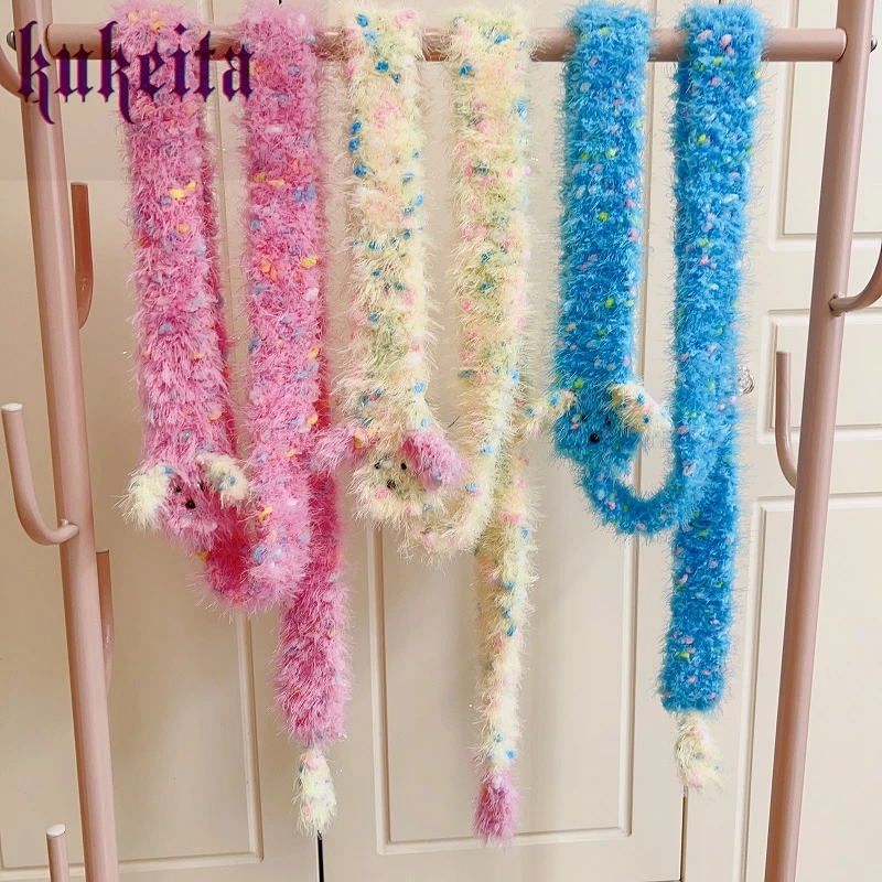 Harajuku Y2k Girl Lovely Blue Yellow Pink Knitted Scarf Japanese Kawaii Women Autumn Winter Warm Long Scarves