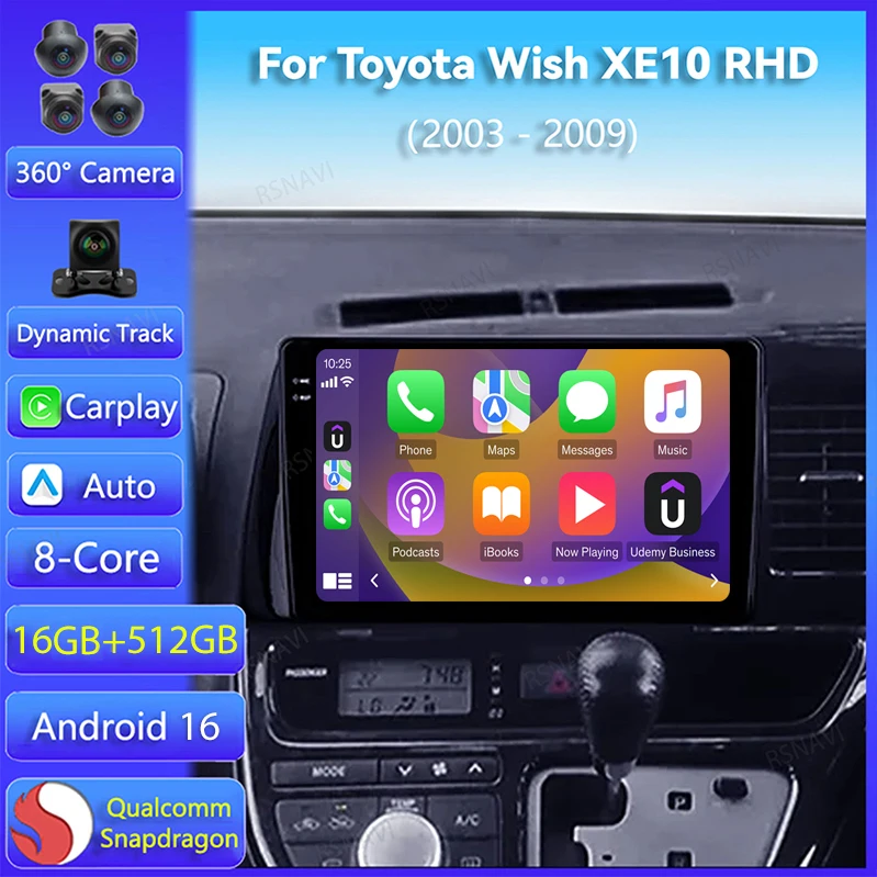 Android 16 Carplay Auto For Toyota Wish XE10 2003 - 2009 Right hand drive Car Radio Navigation GPS Player Video Stereo Head Unit