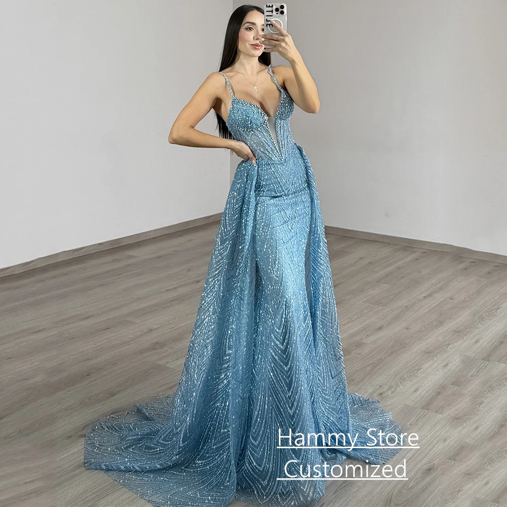 فستان سهرة حورية البحر مثير متلألئ مع قطار مخصص بأشرطة سباغيتي ورقبة على شكل حرف V فستان حفلات فساتين سهلات #2