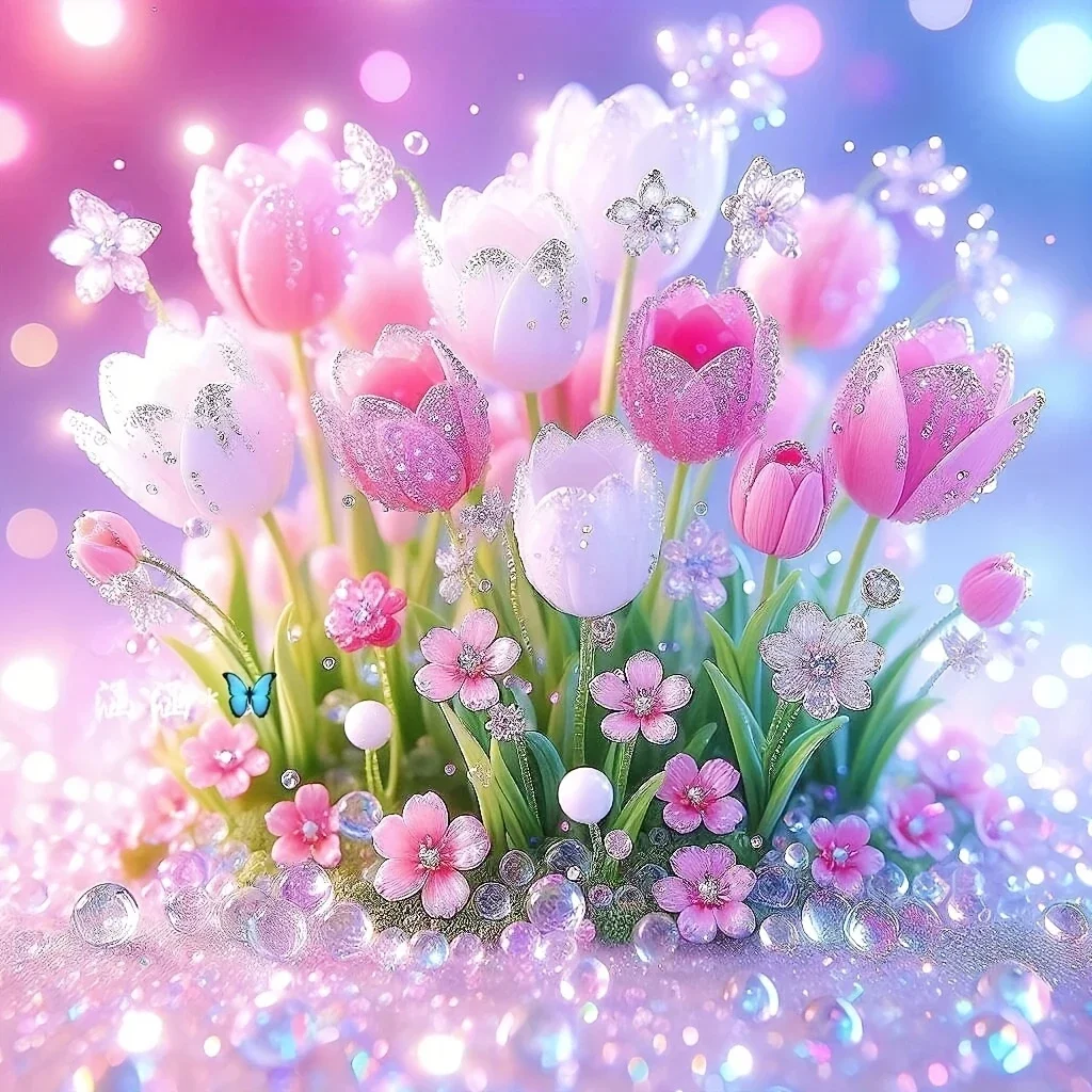 Diamond Painting DIY Glitter Tulip Diamond Painting , Pink White Flowers Butterfly Crystal Bokeh For Living Room Home Wall Dec