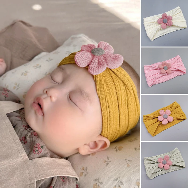 

Розовая вязаная повязка на голову с цветком, широкая повязка для волос для девочек, детский головной убор принцессы с цветочным принтом, нейлоновые эластичные ленты для волос, аксессуары, детские головные уборы