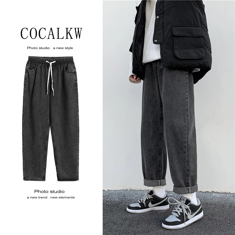 

Новые весенние джинсы с эластичной резинкой на талии, мужские модные свободные прямые брюки из Гонконга, студенческие винтажные широкие брюки, модные