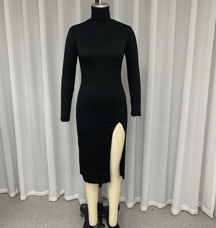 Vestido Midi elegante de manga larga para mujer, Jersey grueso y cálido, Bodycon, vestidos de fiesta, cuello alto, Vestido largo de punto dividido, Invierno