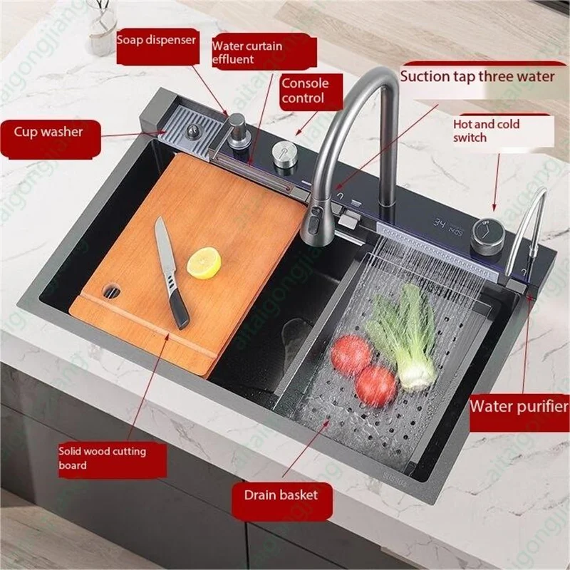 Imagem -03 - Pia de Cozinha em Formato de Favo de Mel 5.0 Painel de Atualização Pós-pacote de ar Doméstico Display Digital Aço Inoxidável 304 Pia Cascata