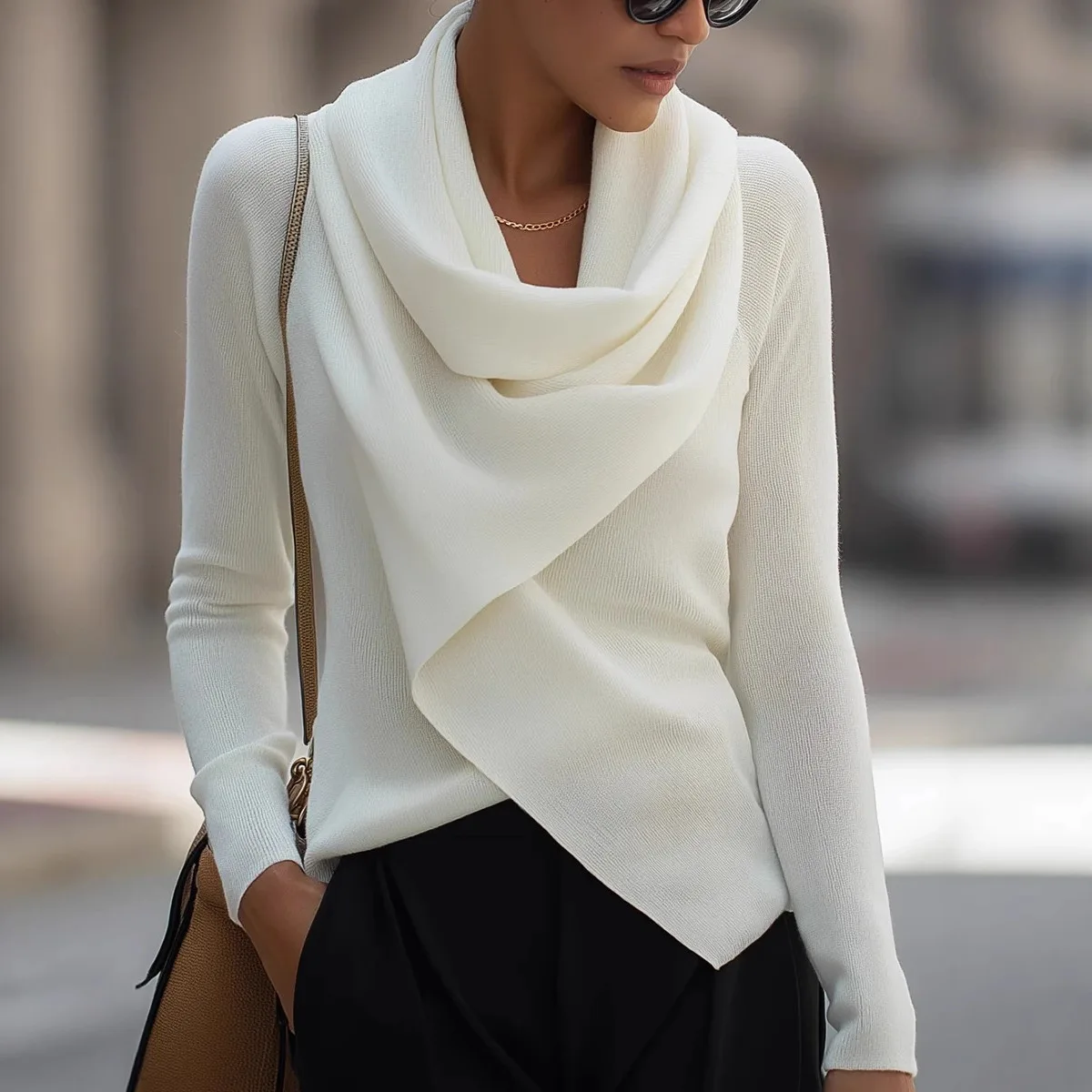 

2026 Independent Station Autumn Winte Fashion Pesonality Asymmetical Colla Iegula Solid Colo Knitted