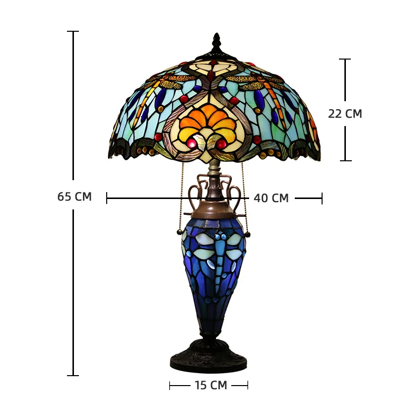 16inch 40cm Tiffany-style Stained Glass Blue Dragonfly Lampshade Table Light Desk Lamp with Lighted Base Sofa Corner Decor