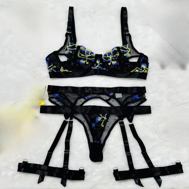 

Bikini with underwire, embroidered sheer mesh garter belt, sexy lingerie three-piece swimsuit set