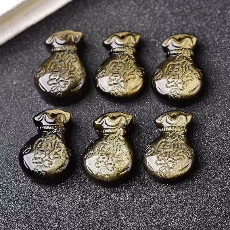 

Natural Gold Obsidian Hand Carved Blessing Bag Pendant Fashion Boutique Jewelry Men's and Women's Money Bag Necklace Wholesale