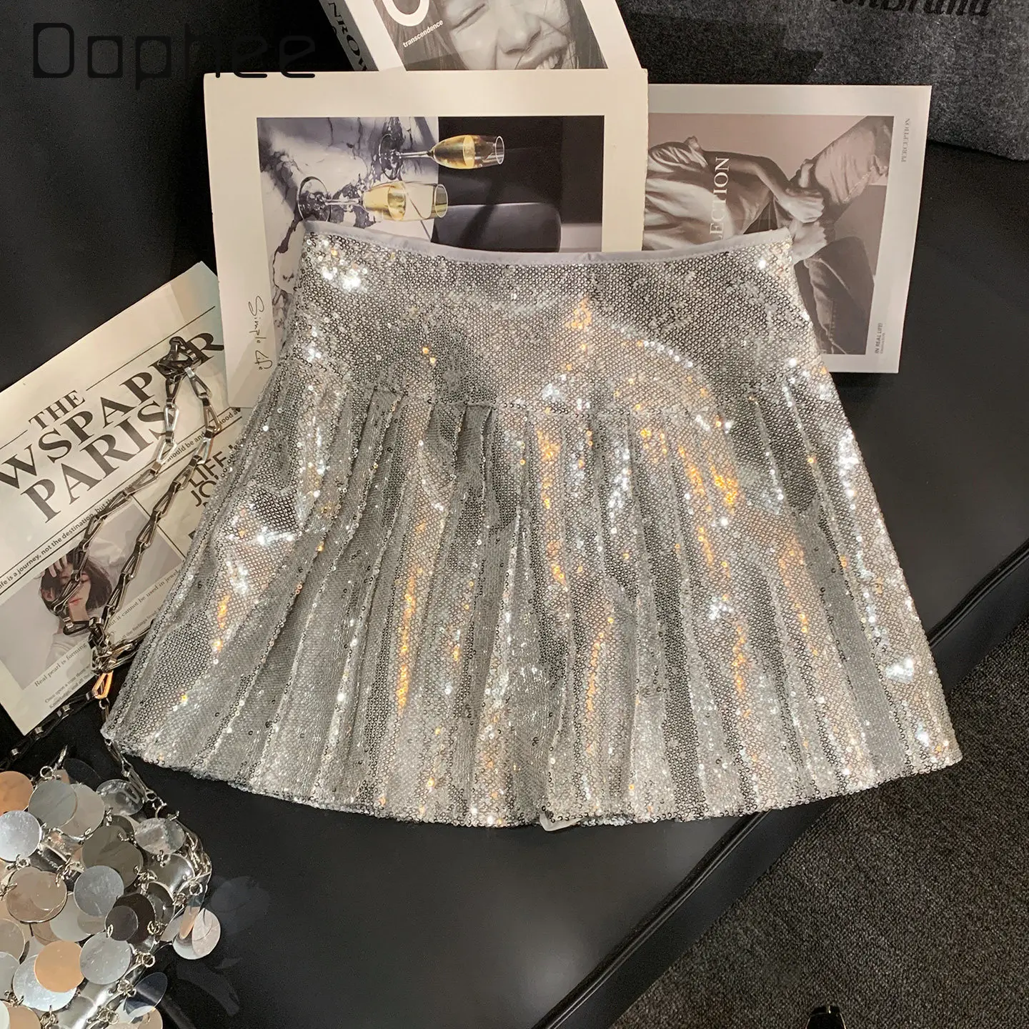

French Heavy Industry Silver Sequined Pleated Skirt Women Summer New Fashion Spice Girl Y2K High Waist Slim A-line Mini Skirts