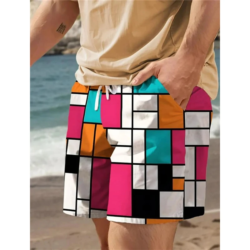 Plaid Splicing Pattern Beach Shorts For Men Colorful Geometric 3D Printed Swim Trunks Summer Fashion Street Loose Board Shorts