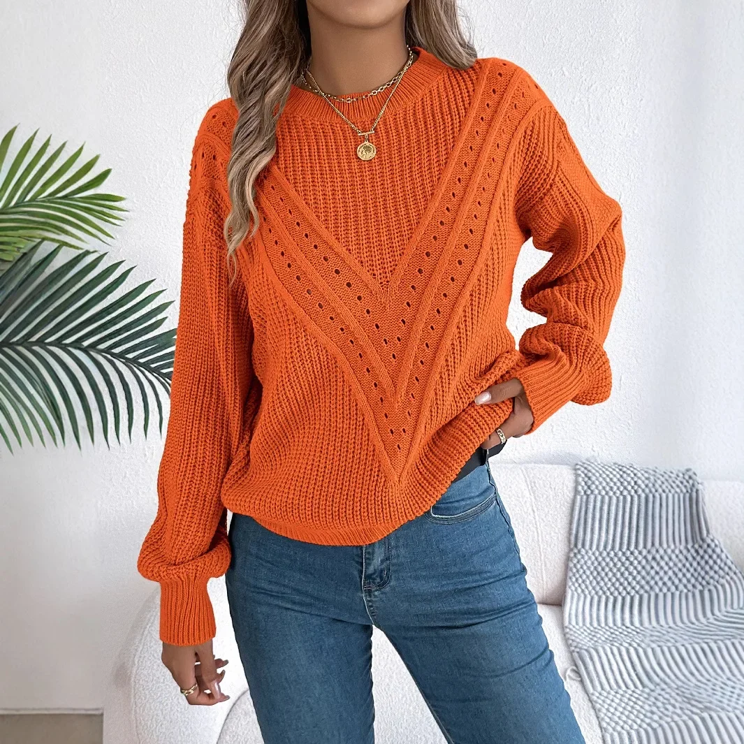 

Long SleevedSweaters Women Casual Solid Color V-shaped Hollow Lantern Sleeve Tops Elegant Pullover Female 2024 Autumn/Winter
