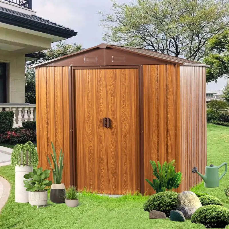 

6 Ft W X 6 Ft D Metal Storage Shed with Woodgrain Siding and Coffee Trim for Outdoor Storage Solutions