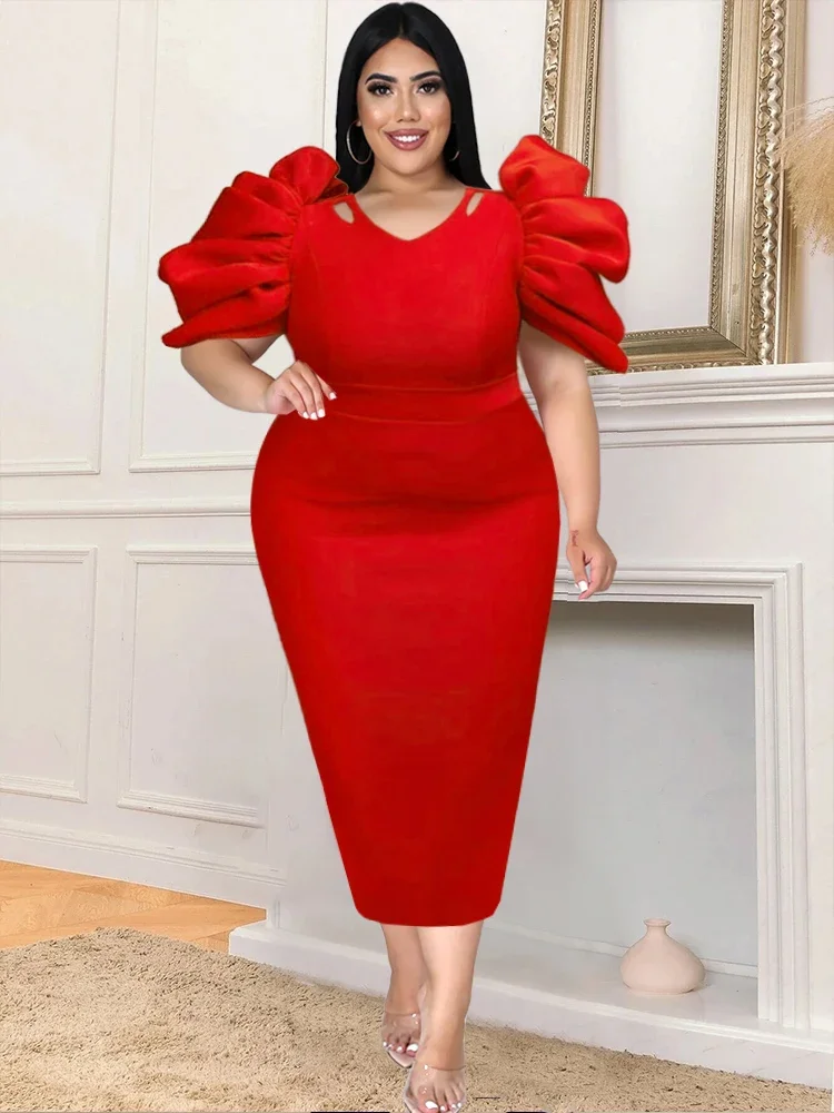 Elegant Women Dress Plus Size Red Short Sleeve Hollow Out Slim Fit Evening Cocktail Event Occasion Party Outfits 4XL Summer